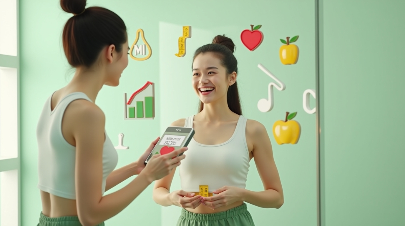 A woman checking her BMI using a digital scale surrounded by fitness and health icons