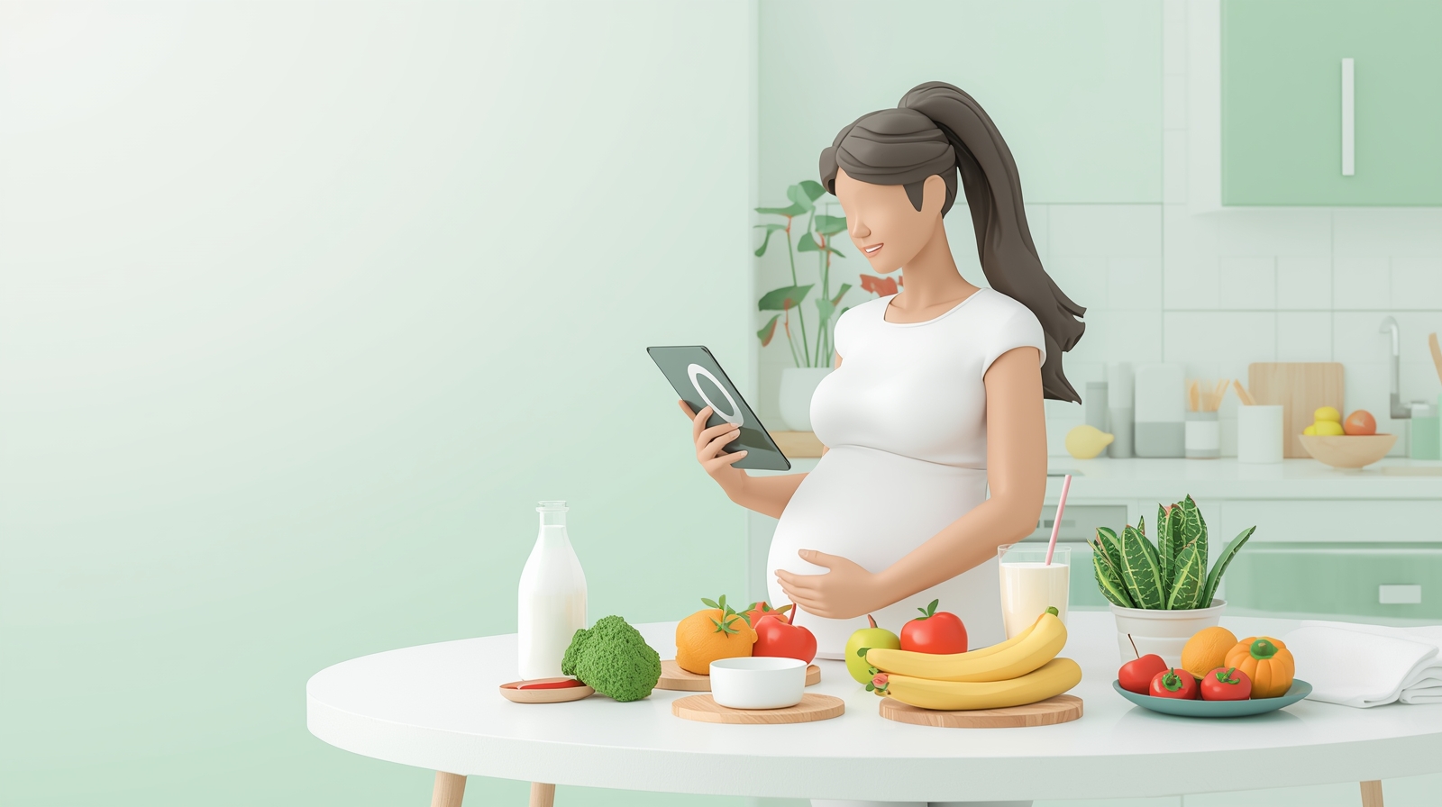 Pregnant woman calculating daily calorie needs using a digital nutrition calculator
