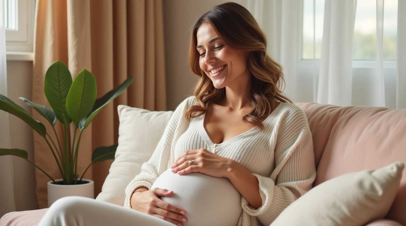 Pregnant woman using a pregnancy assistant tool to track baby development and due date