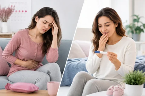 PMS vs early pregnancy symptoms comparison shown through contrasting female facial expressions