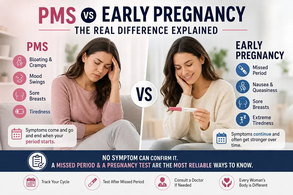 PMS vs early pregnancy symptoms comparison with a woman showing different expressions and clear symptom labels
