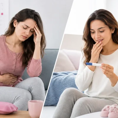 PMS vs early pregnancy symptoms comparison shown through contrasting female facial expressions